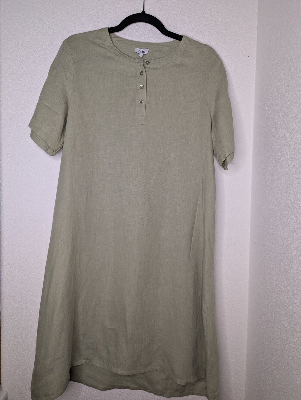 Nulu Womens 100% Green Linen Dress M 1/4 Button Travel Casual Coastal Beach Chic